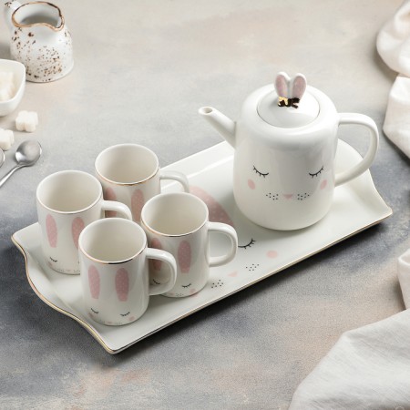 Ceramic tea "Bunny" set, 6 items: 4 220 ml mugs, 900 ml kettle, tray