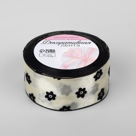 Kapron tape "Flowers", with velvet embossing, 25 mm × 9.1 ± 0.5 m, beige color/black-1