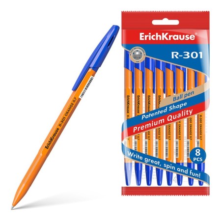 A set of ballpoints Erichkrause R-301 Orange Stick, 8 pieces, node 0.7 mm, blue ink blue