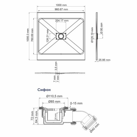 Show's pallet Wasserkraft Elbe19, 1000x1000x26 mm, siphon, square, fiberglass-1