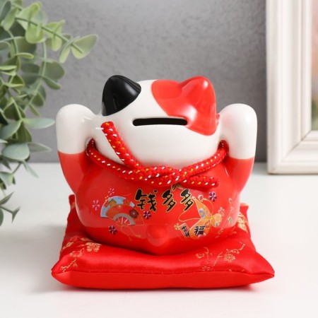 Piggy bank Ceramics "Cat Mani-Neko attracting wealth" red 9.5x12x11 cm-2