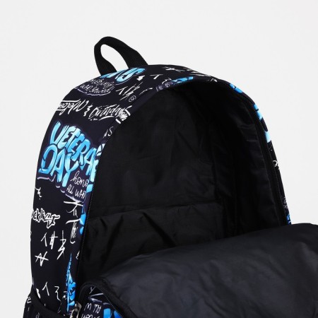 A backpack with a zipper, 3 external pockets, blue/black color-5