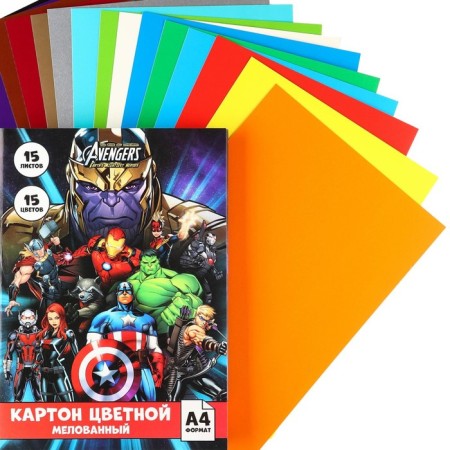 Cardboard Color, A4, 15 sheets, 15 colors, coated, one -sided, in a folder, 220 g/m², Avengers-1