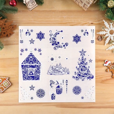 A set of stickers on the windows "New Year" blue, Christmas tree, house, 37 x 37 cm-2