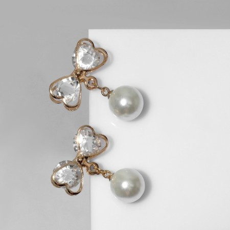 Earrings with pearls "bow" with bead, white color in gold