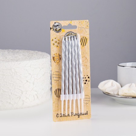 Candles in the Cake "Metallic", 14cm, 6pcs with a stand, silver-3
