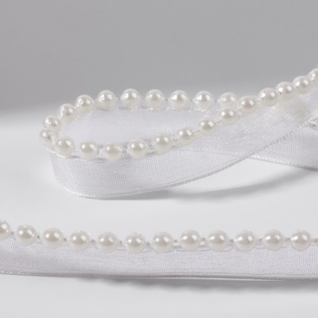 Decorative tape with beads, 12 mm, 4.5 ± 0.5 m, white color