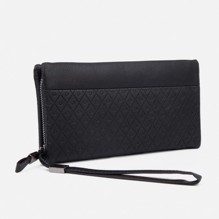 Male purse with zipper, department for bills, for maps, for coins, black color