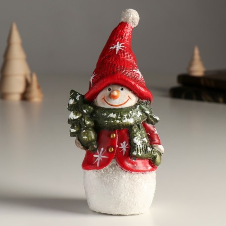 Souvenir Polystone "Snowman in red with a green scarf, holds the Christmas tree" 9.3x8.2x18.7 cm
