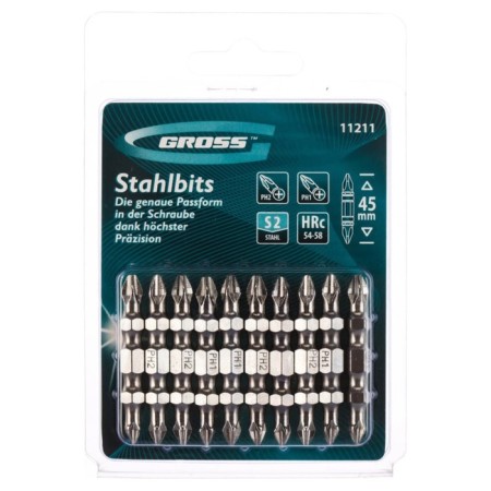 Set of bits GROSS, bilateral, PH2 - PH1 x 45mm, steel S2, 10 pcs.
