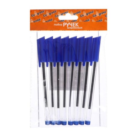 A set of ballpoint pens 8 pieces, a rod 1.0 mm blue, the body is triangular, transparent
