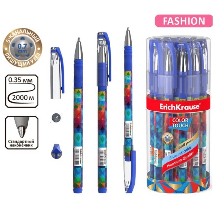 Ballic handle Erichkrause Colortouch Patchwork, node 0.7 mm, thin letter, rubber holder, rod with design, blue ink blue-2