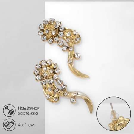 Earrings with rhinestones "flowers" bends, white color in gold