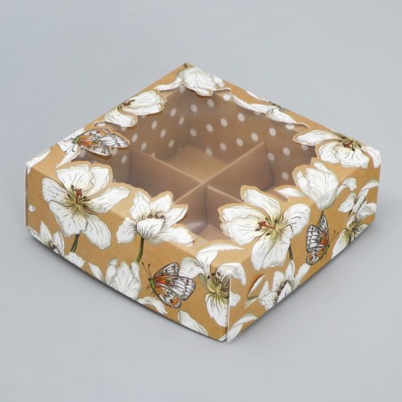 Box for sweets, confectionery packaging, 4 cells, "craft", 10.5 x 10.5 x 3.5 cm