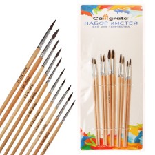 A set of pony brushes 10 pieces (round: No. 1, 2, 3, 4, 5, 6, 7, 8, 9, 10), with wooden handles on a blister