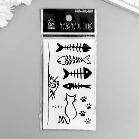Tattoo on the body black "cat and fish skeletons" 10.5x6 cm-2