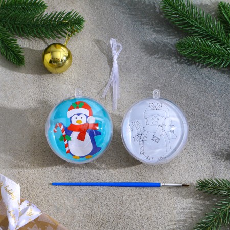 Christmas tree decoration for painting "Penguin" Size: 8 cm; 2 pcs., Brush-1