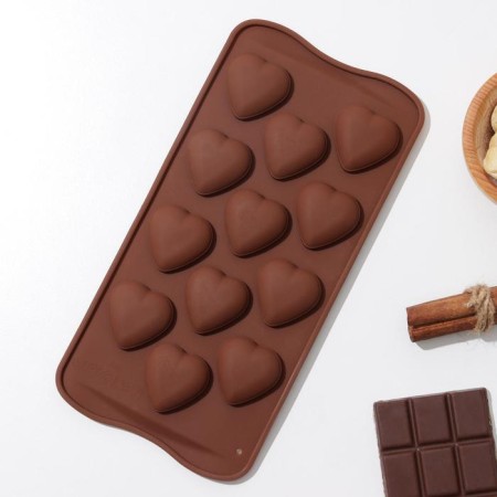 Form for chocolate of the “heart”, silicone, 21 × 10.5 × 1.5 cm, 12 cells, brown color