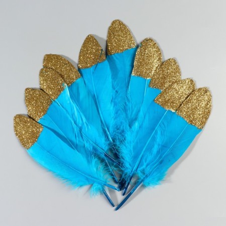 A set of goose feathers 15-20 cm, 10 pcs, blue with a golden crumb-1