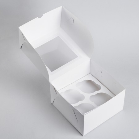 Confectionery folding box for cupcakes with a window for 4 pcs, white, 16 x 16 x 10 cm-1