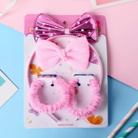 Hair Set "Ormoral" (rim, 3 elastic bands) Bow in polka dots and beads, pink-1