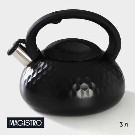 A kettle with a stainless steel whistle Magistro Glow, 3 L, Induction, Soft-Touch handle, Black color