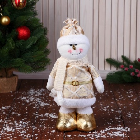 Soft toy "Snowman in a costume with rhombics, long legs" stands, 14 cm, gold-1