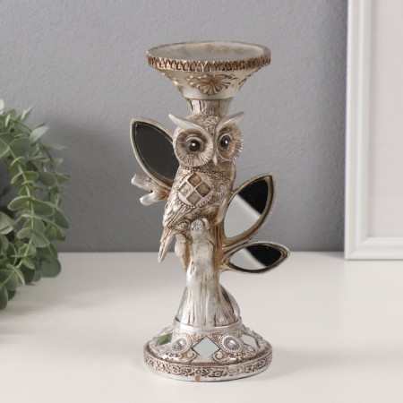 Polystone candlestick for 1 candle "Owl on a tree with mirror leaves" 11.5x9x24.2 cm