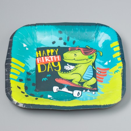 Disposable square plate "Happy Birthday", dinosaur, 16.5x16.5 cm-2