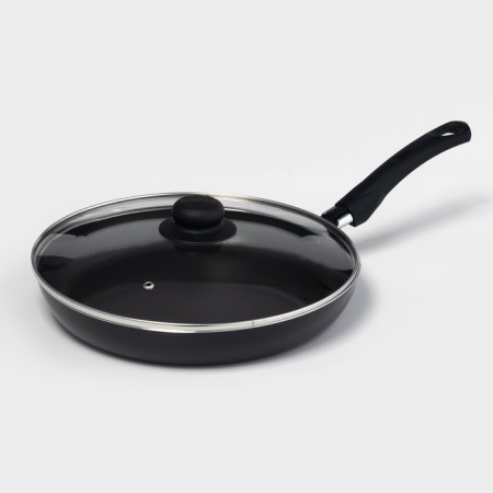 Consul pan, d = 28 cm, plastic handle, glass cover, anti -stick coating, black color