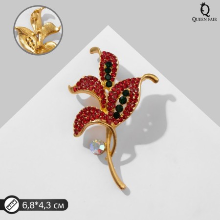 Brooch "Leaves", red color in matte gold