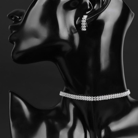 Set 2 objects: earrings, chocker "ice" two rows, white color in silver, 32 cm