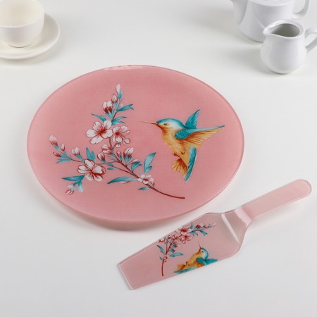 Glass cake with a shoulder blade "Hummingbird", d = 30 cm, blade 26.5 × 7 cm, pale pink color-1