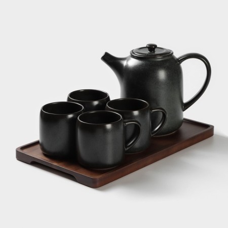 Keramic tea lift set, 6 items: kettle 1 l, 4 circles 250 ml, tray 33 × 20 cm, black color black