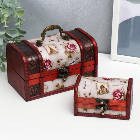 Casket Wood Elevated "Roses and Stamps" set 2 pcs 6.5x11.5x7.5, 10.5x17x10.5 cm