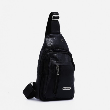 Male sling bag, artificial leather, headphone opening, black color-1