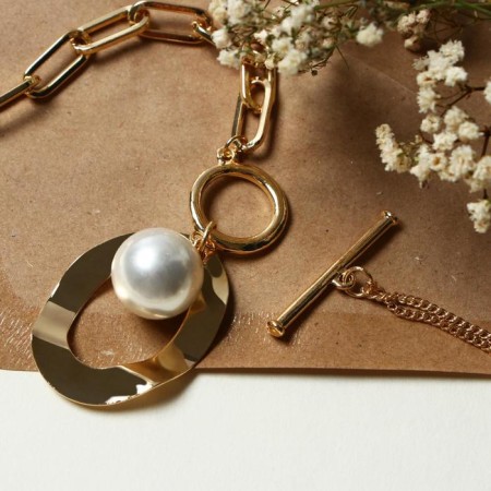 Piece "chain" pearls in oval, white color in gold, ball 16, 45cm-1