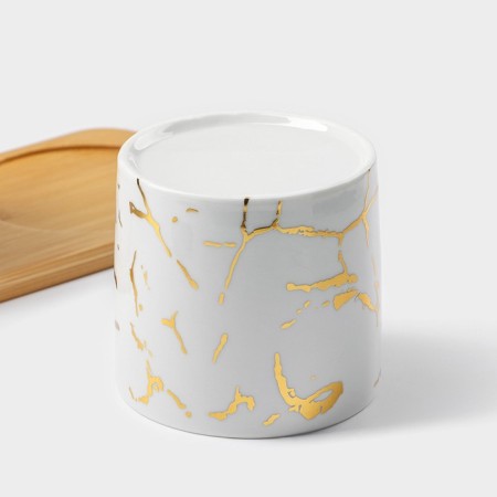 A set of ceramic cans with spoons on a wooden stand “Estet. Gold ", 2 items: 300 ml, white color-5