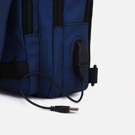 Male sling bag from textiles, with USB, blue color-3