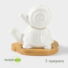 A set for spices on a wooden stand Bellatenero “Turtle and Snail”, 2 items: Solonka 25 ml, list of 30 ml, white color