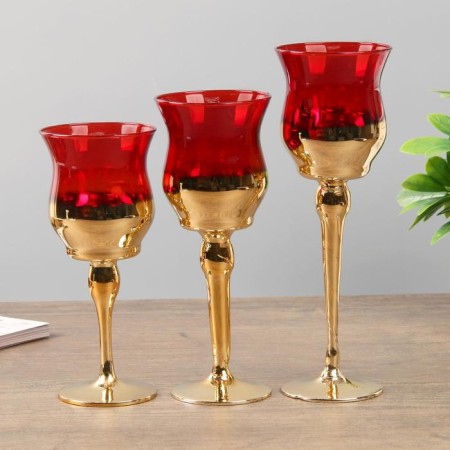 Glass candlestick set 3 pcs "glasses" height 18, 20, 22.5 cm red 22.5x7.8x7.8 cm