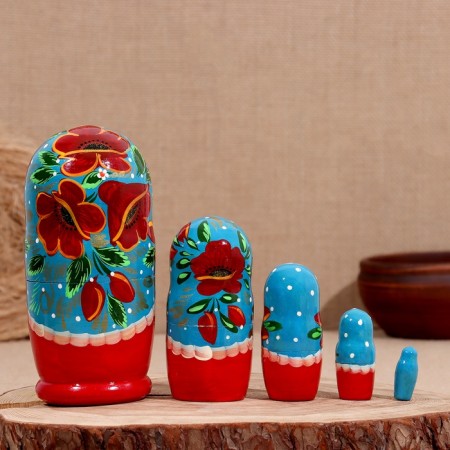 Matryoshka "Merry", blue top, bottom red, 5-doll, 19 cm-1