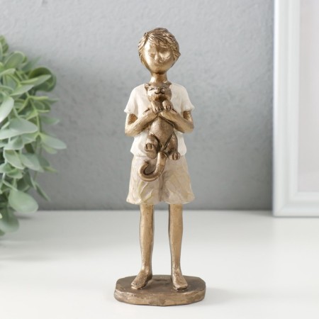 Souvenir Polystone "Boy with a cat" bronze, white and sand 5.5x5x16.5 cm