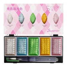Watercolor paints, pearl, + brush, in a plastic box, 5 colors
