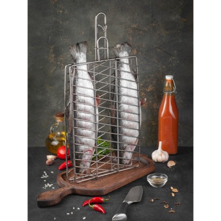 Fish lattice for a tandoor, total H-50 cm, working part 35 x 23 cm, stainless steel-1
