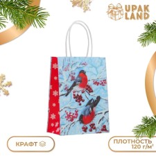 Новый год. Пакет бумажный подарочный новогодний крафт "Снегири" 16 х 12 х 6 см.