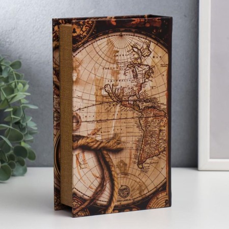 Safe-book wood, leatherette "Old cards and gold compass" 21x13x5 cm-4