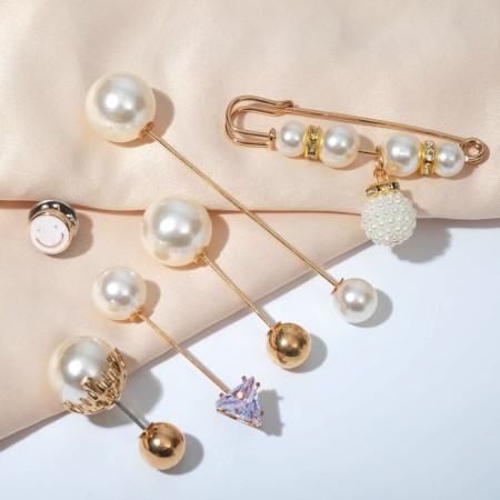 Set of pins (6pcs) "Pearl drops", 6.3cm, white color in gold