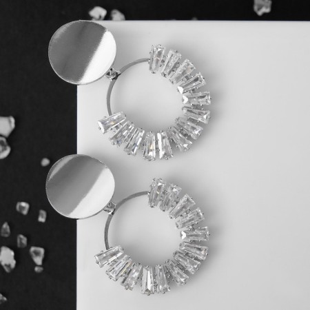 Earrings with rhinestones "flash" circle, white color in silver-1