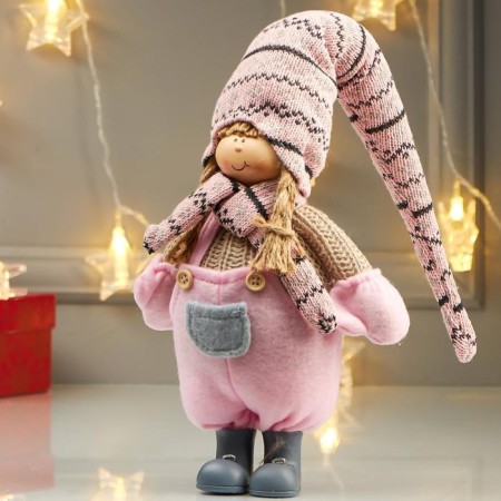 Interior doll "Girl in pink overalls and in pink cap" 49x8x14 cm-4